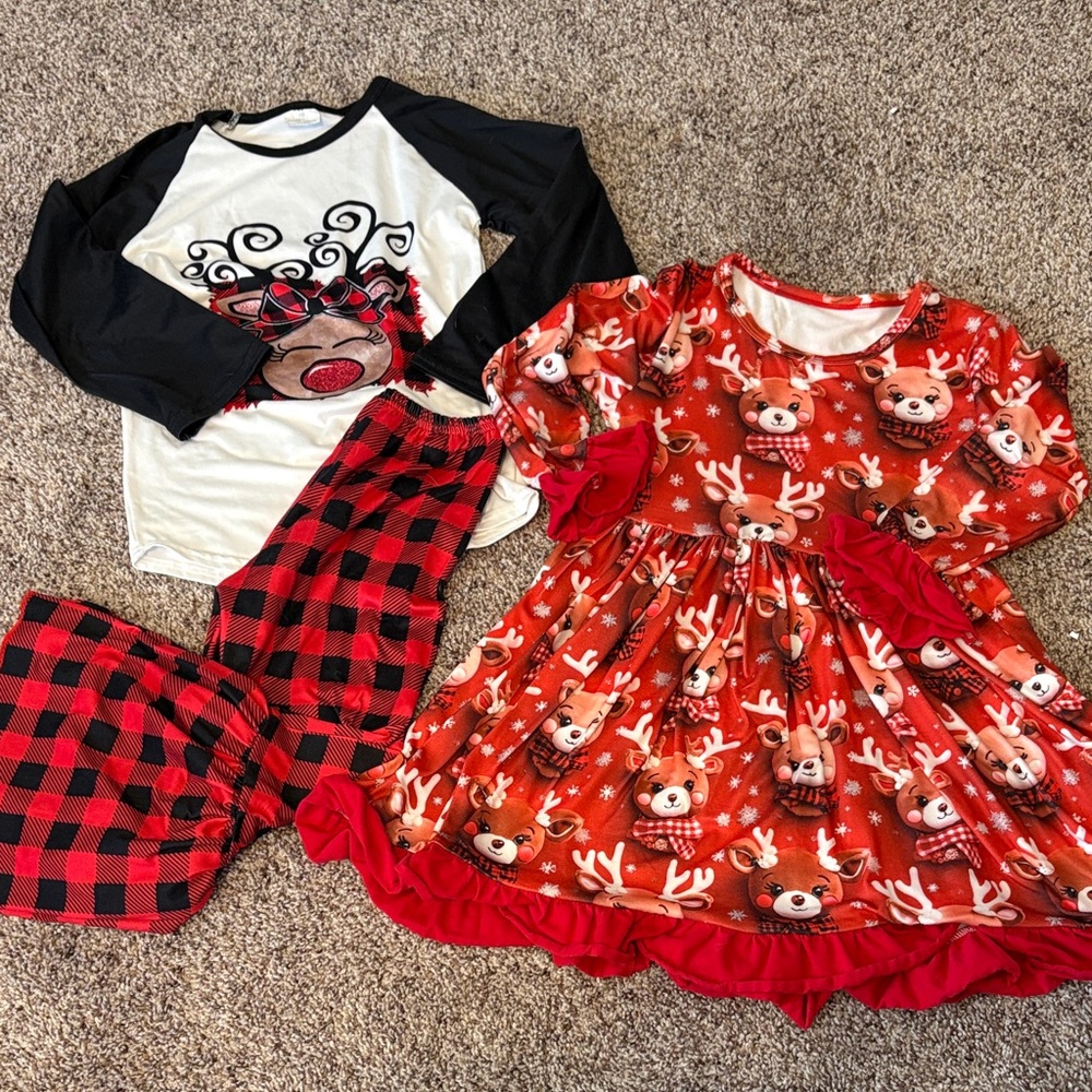 Kids Reindeer Boutique Outfit Set - Red and Black